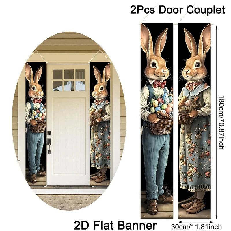 2pcs Happy Easter Bunny Door Banners Polyester Easter Egg Holiday Flags for Outdoor Indoor Spring Holiday Easter Decoration 2026