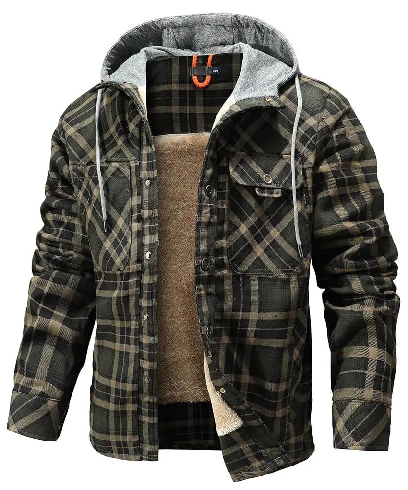 CN Fujian Winter Hooded Mens Jacket Plaid Sherpa Fleece