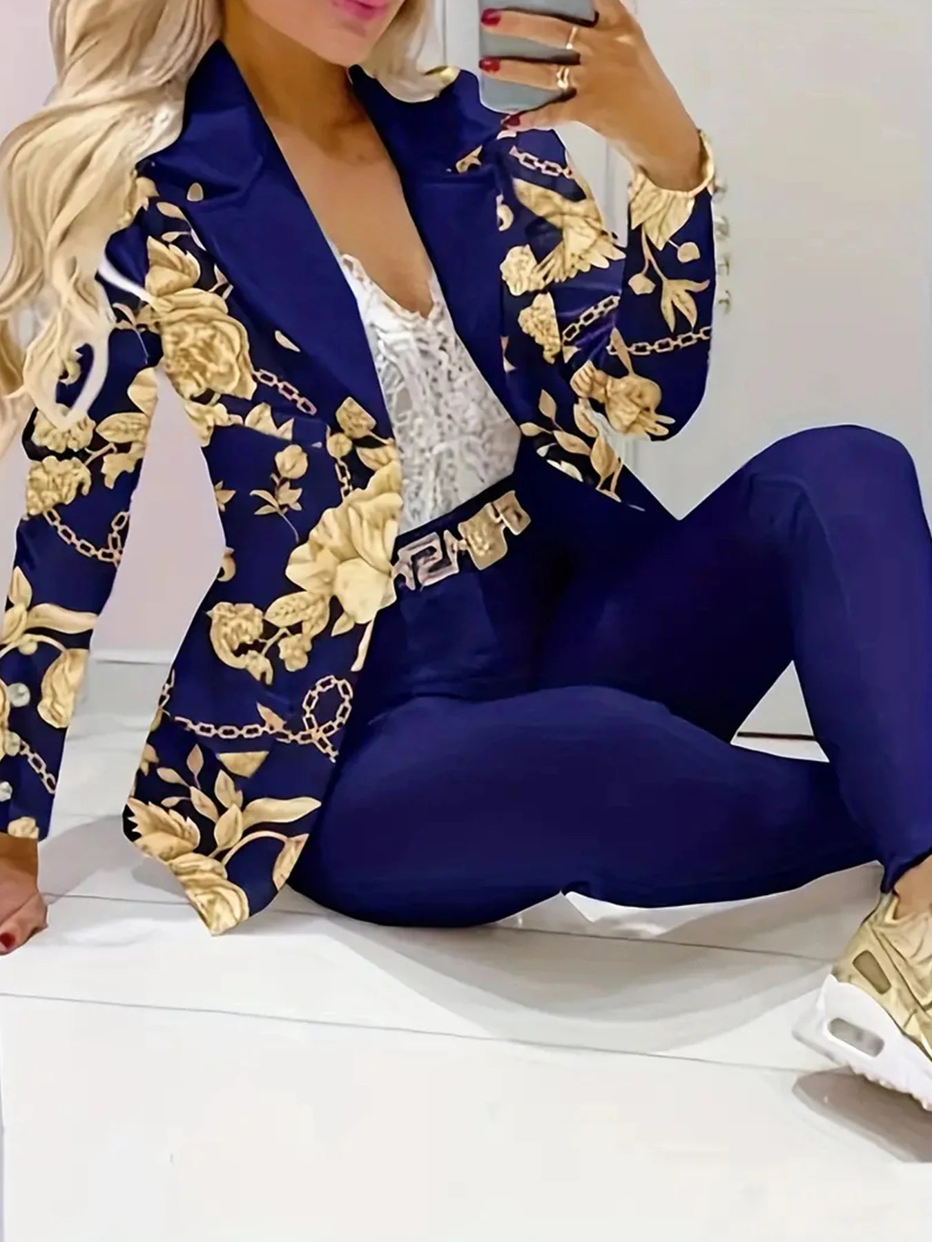 Womens Floral Print Two Piece Suit Set With Jacket