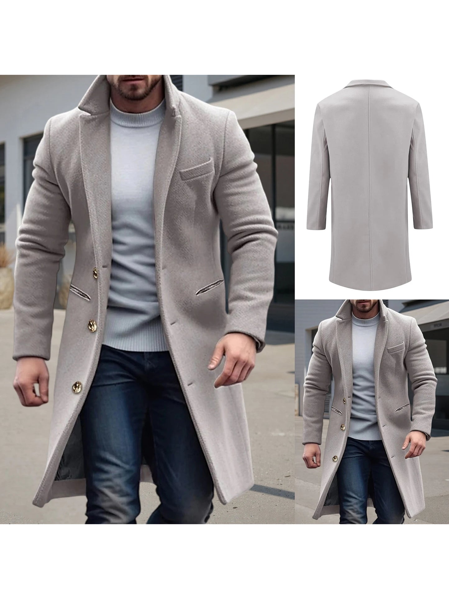 Men's Classic Wool Blend Pea Coat with Notched Lapel