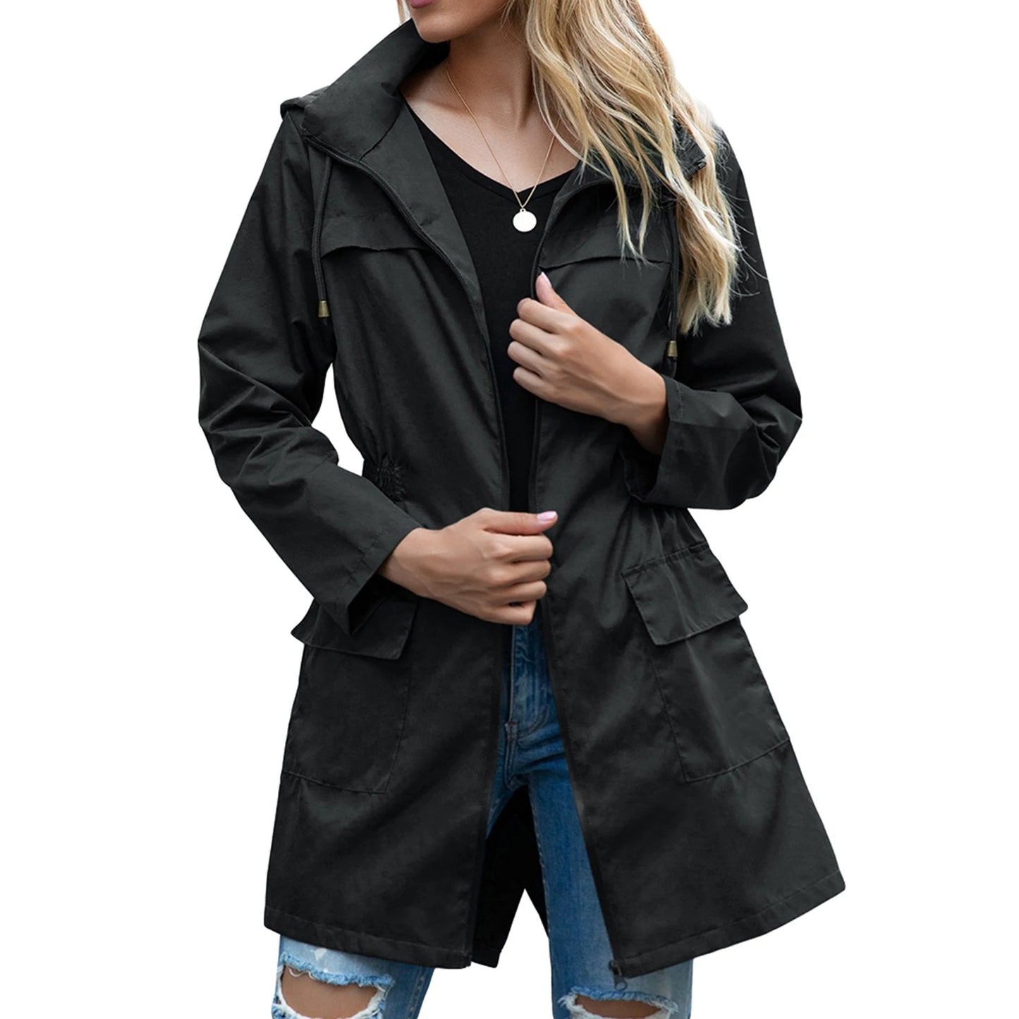 Women Waterproof Lightweight Rain Jacket Outdoor Windproof Trench Coat Pockets