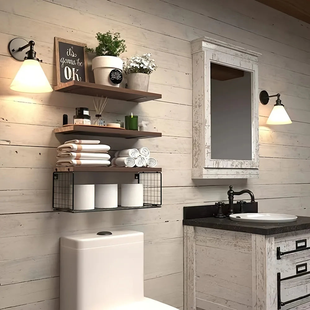 Wall Mounted Floating Shelves 3 Set Wood Bathroom Shelves