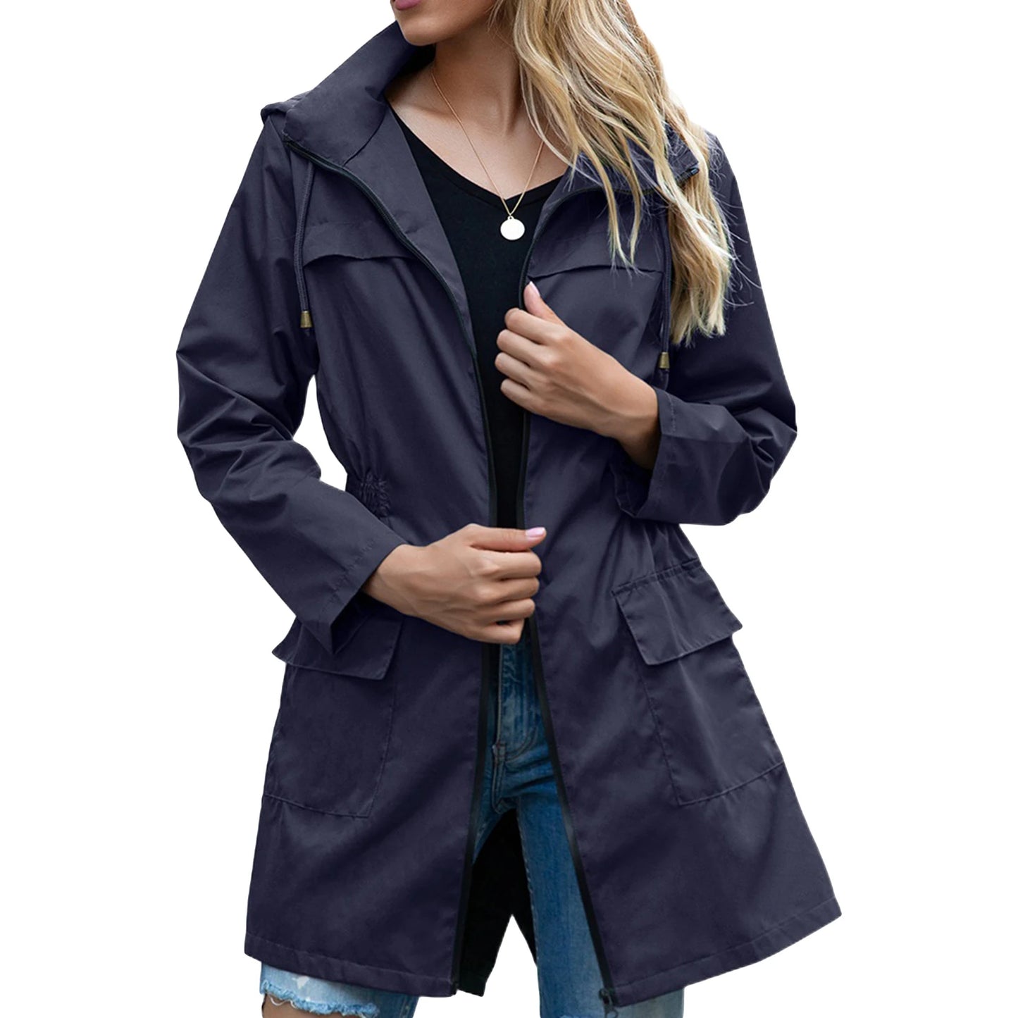 Women Waterproof Lightweight Rain Jacket Outdoor Windproof Trench Coat Pockets