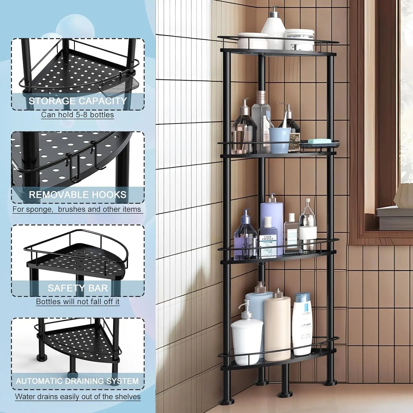 4-Tier Corner Shower Caddy Organizer - Rustproof Metal Shelf