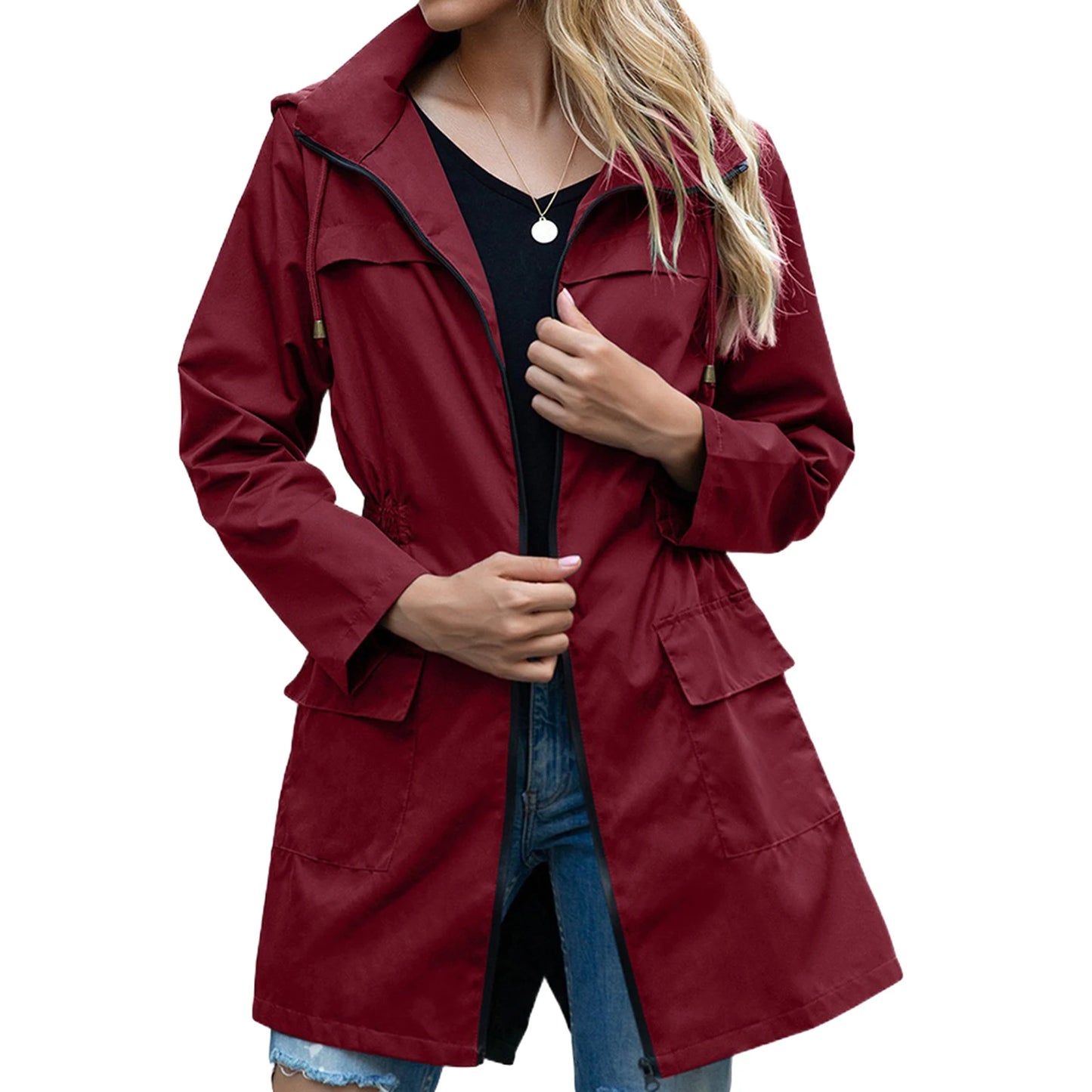 Women Waterproof Lightweight Rain Jacket Outdoor Windproof Trench Coat Pockets