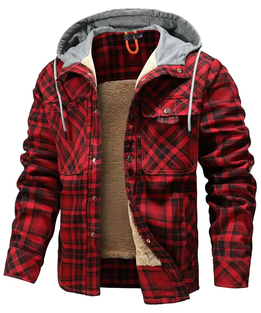 CN Fujian Winter Hooded Mens Jacket Plaid Sherpa Fleece