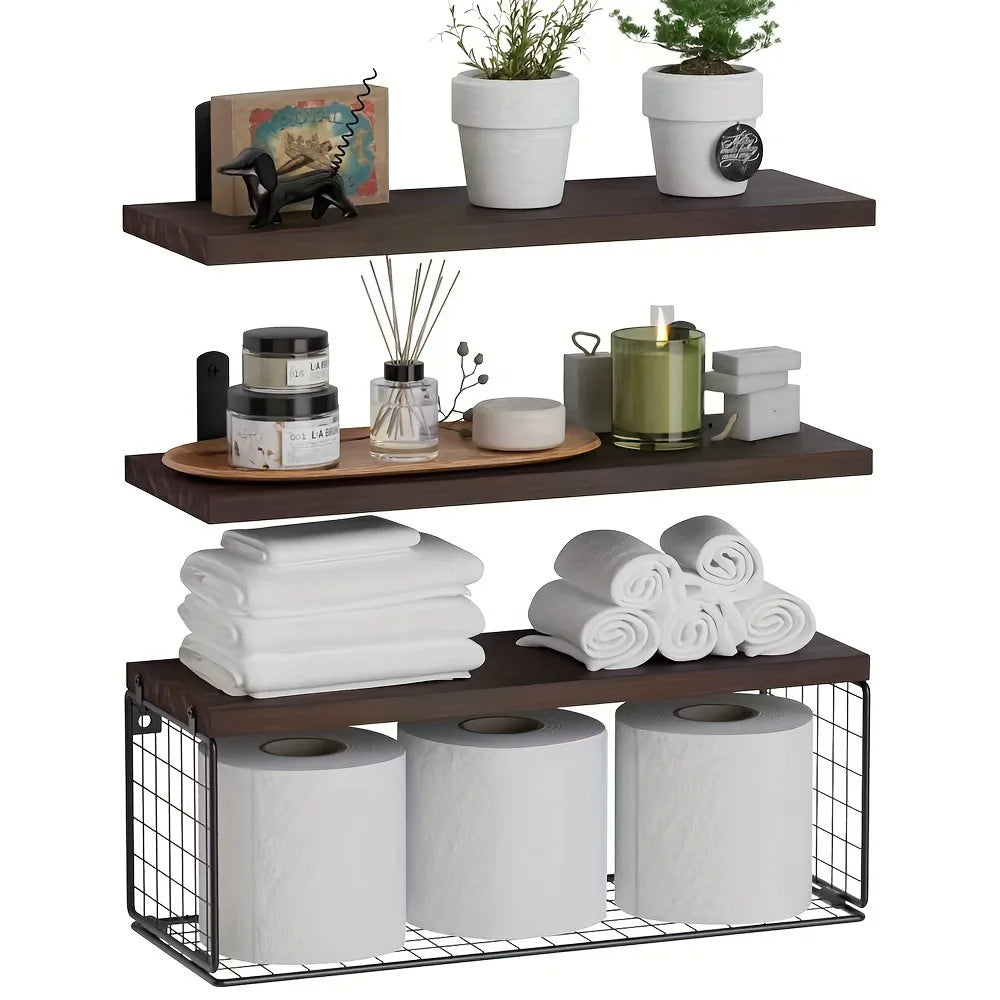 Wall Mounted Floating Shelves 3 Set Wood Bathroom Shelves