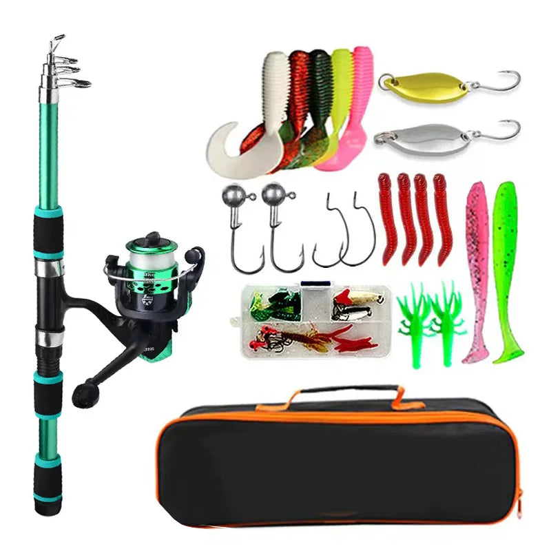 Fishing Pole Set Full Kits With Telescopic Fishing Rod Spinning Reel Baits Hooks Travel Pole Set