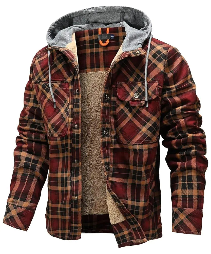 CN Fujian Winter Hooded Mens Jacket Plaid Sherpa Fleece