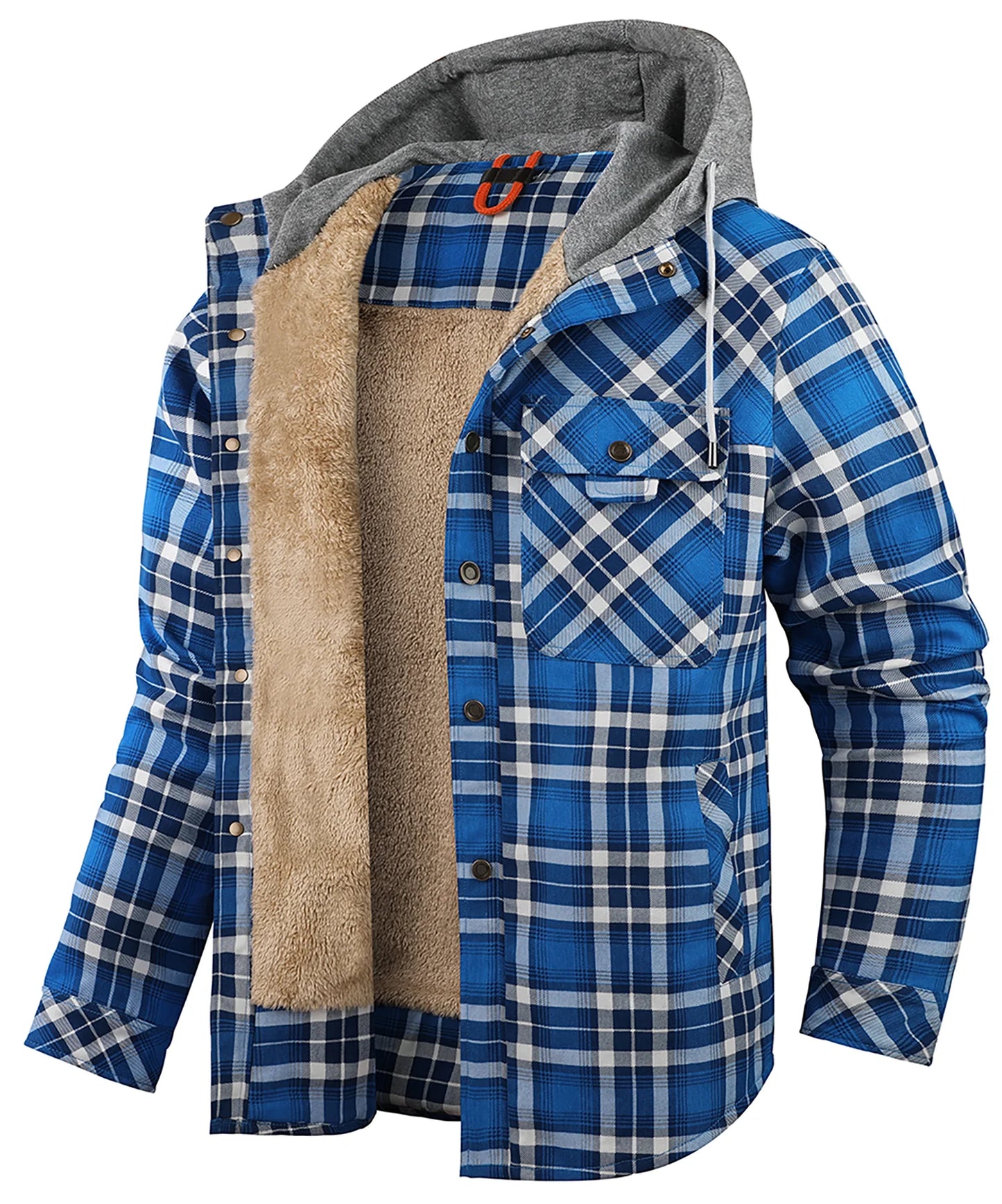 CN Fujian Winter Hooded Mens Jacket Plaid Sherpa Fleece