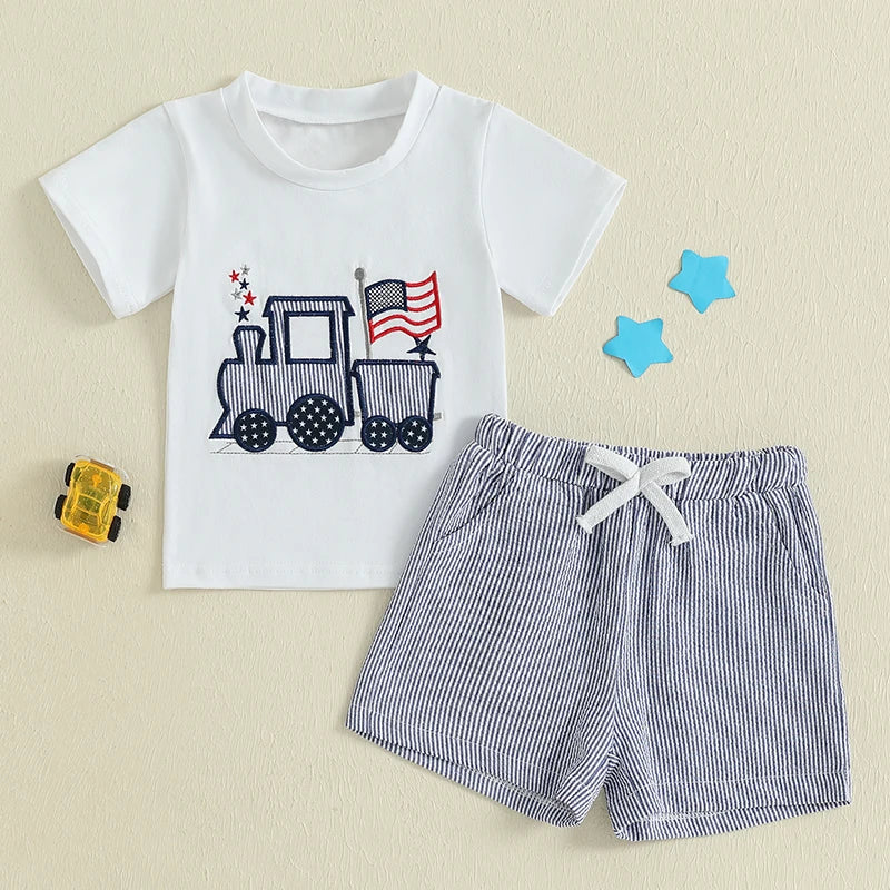 Cute Toddler Boy s 4th of July Set with Truck Embroidery Tee