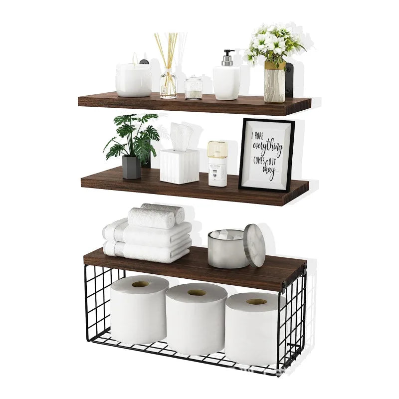 Wall Mounted Floating Shelves 3 Set Wood Bathroom Shelves