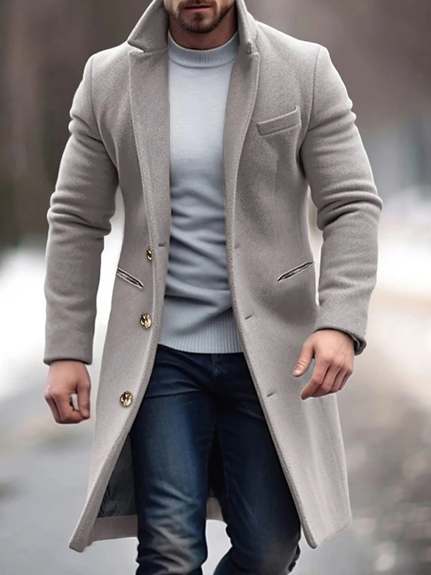 Men's Classic Wool Blend Pea Coat with Notched Lapel