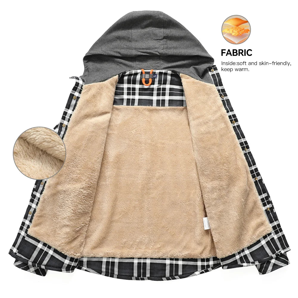 CN Fujian Winter Hooded Mens Jacket Plaid Sherpa Fleece