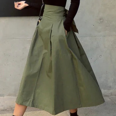 Womens Korean Fashion Solid High Waist Long Swing Skirt