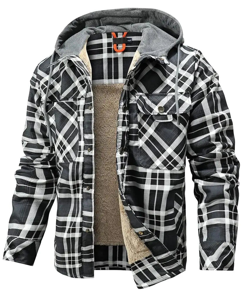 CN Fujian Winter Hooded Mens Jacket Plaid Sherpa Fleece