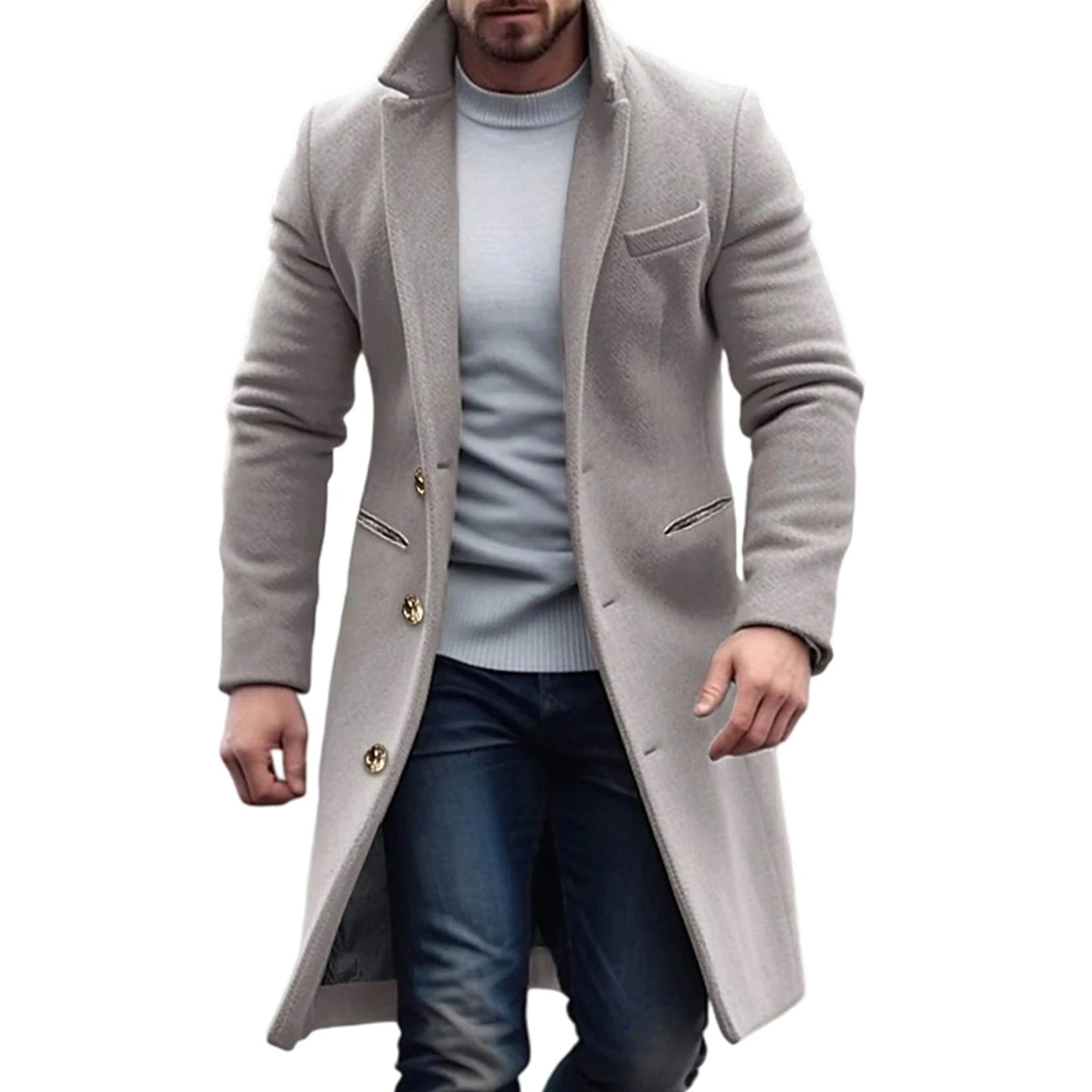 Men's Classic Wool Blend Pea Coat with Notched Lapel