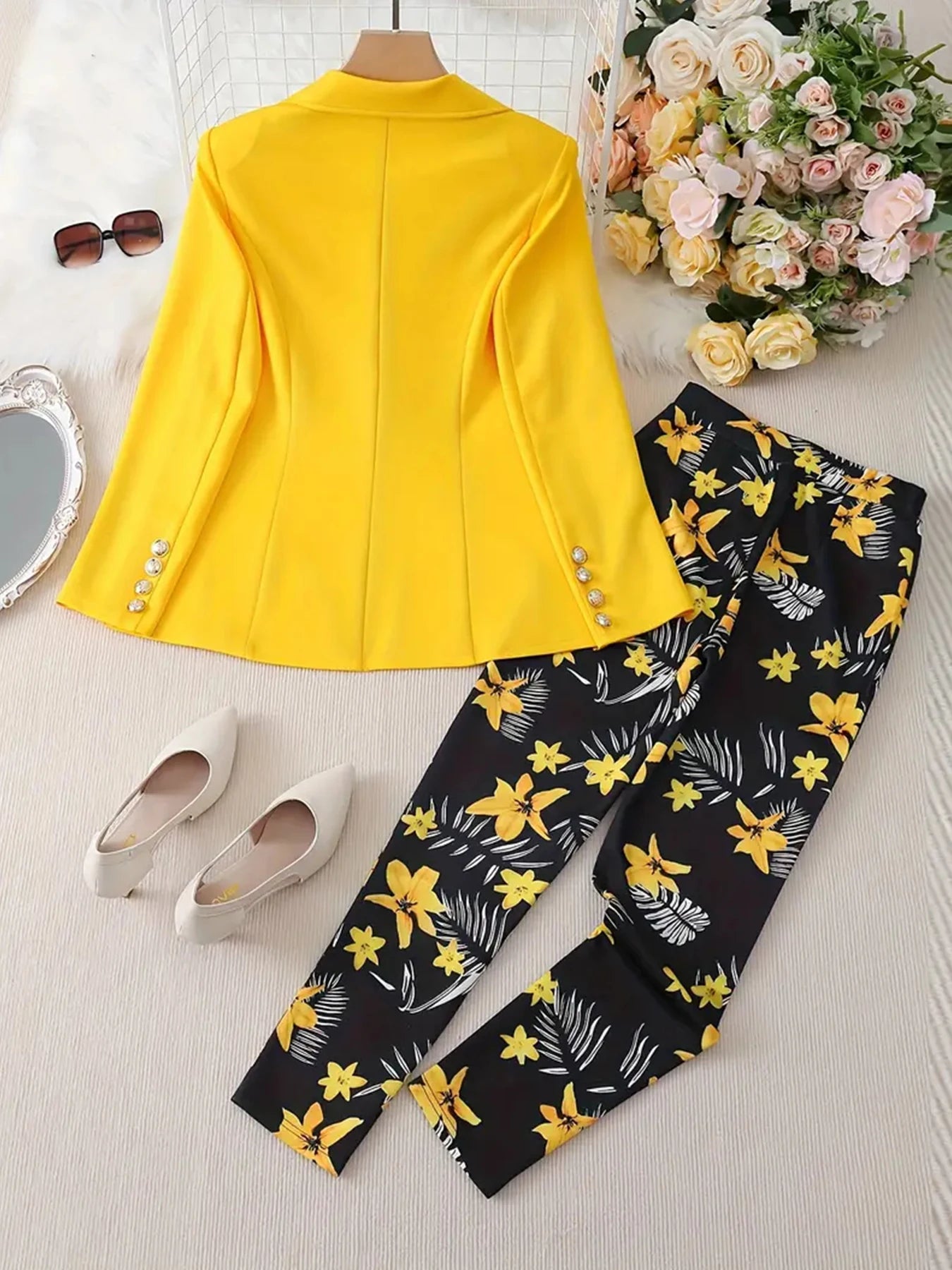 Womens Floral Print Two Piece Suit Set With Jacket