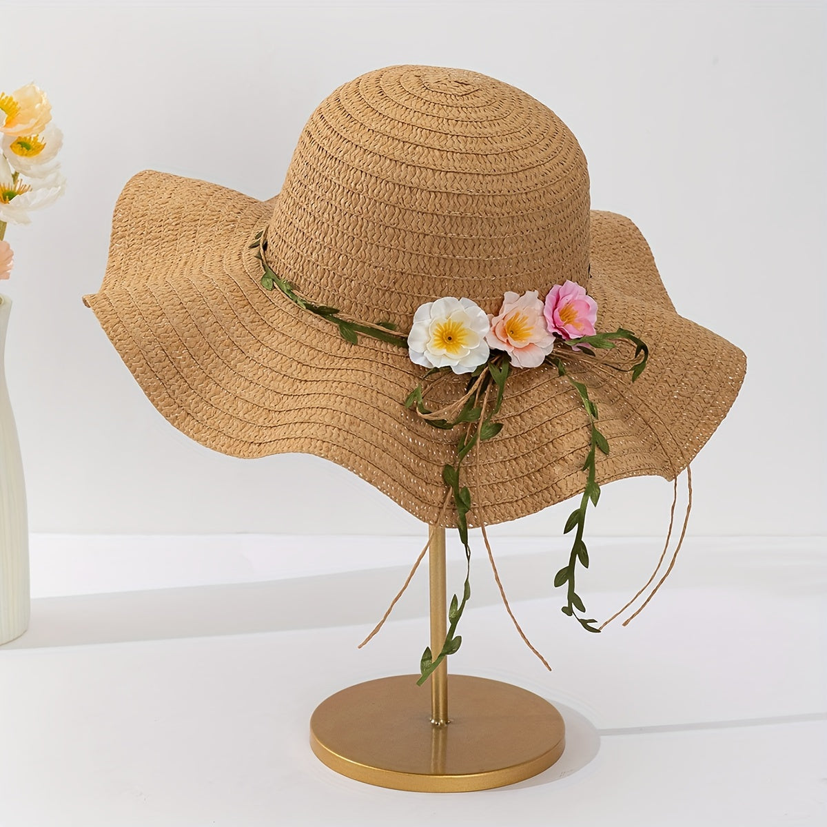 1 Women's fabric flower and leaf decorated wavy straw hat, sweet pastoral style suitable for s, Women's outdoor vacation, wedding season, summer gift, beach play