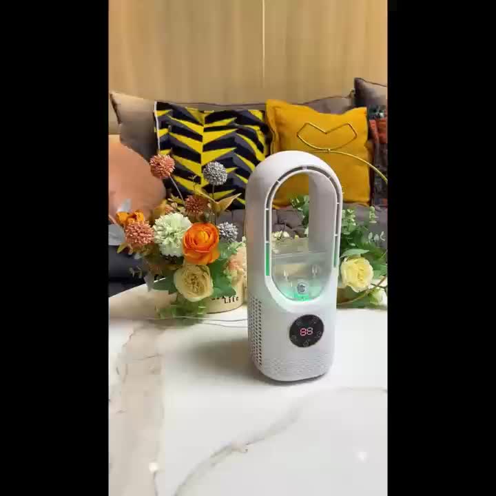 No Leaf Fan Efficient Spray Cooling Machine Three in One Office Desktop Fan USB Powered Air Cooler with Night Light Humidification Function 6 Wind Speeds Timing Function Home Dormitory Camping Mini Personal Air Conditioner