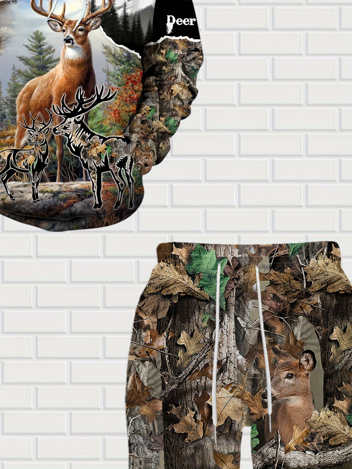 Men's Casual Hoodie And Pants Set With Forest Themed Prints