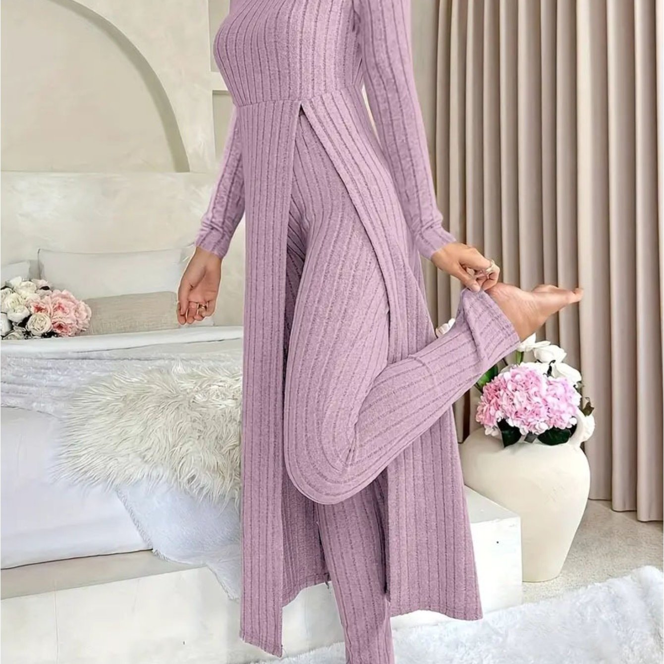 MORA QUIET Womens Fleece Two Piece Set Lounge Outfit With Wide Leg Pants