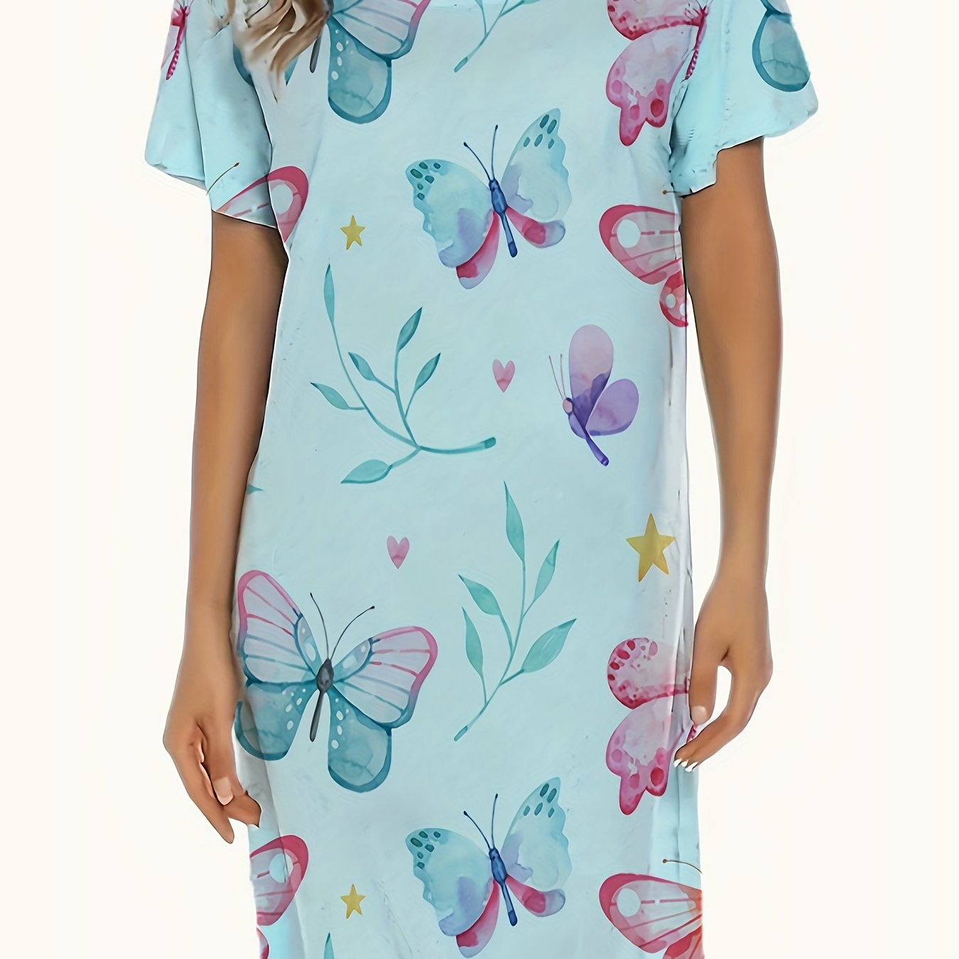 Women's Soft Polyester Sleep Dress - Round Neck, Short Sleeve