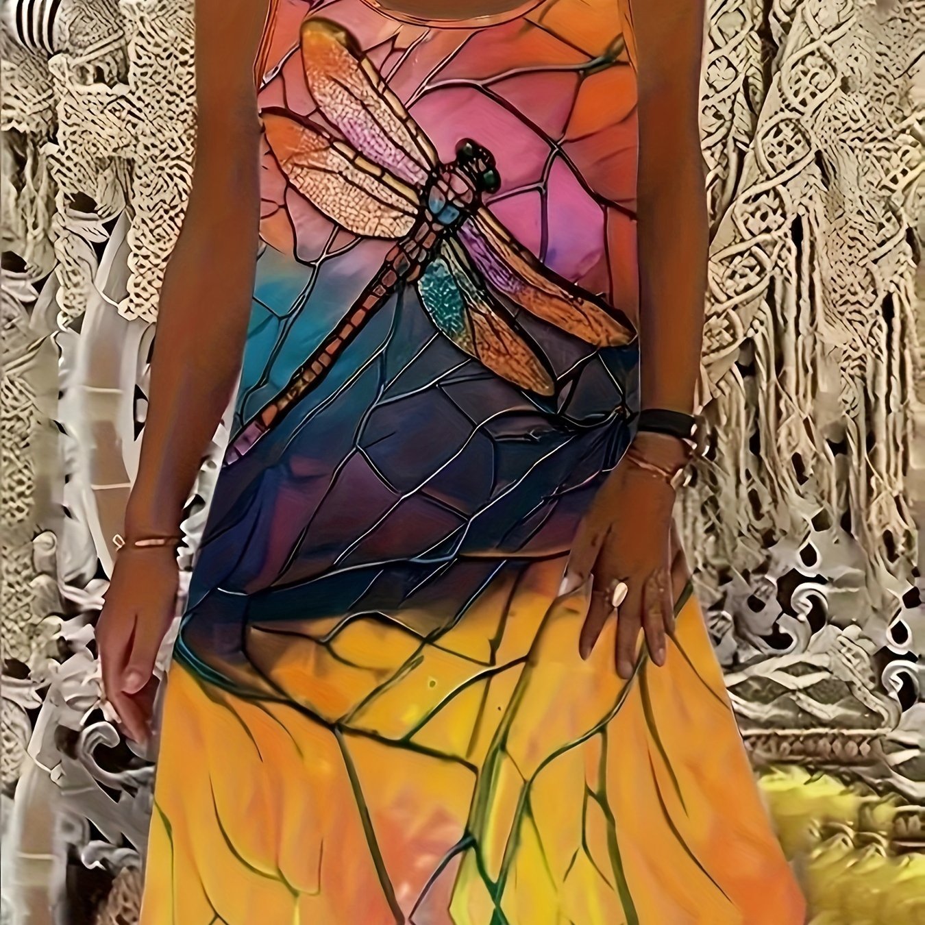 Large Fashion Bamboo Dragonfly Design Dress for Women
