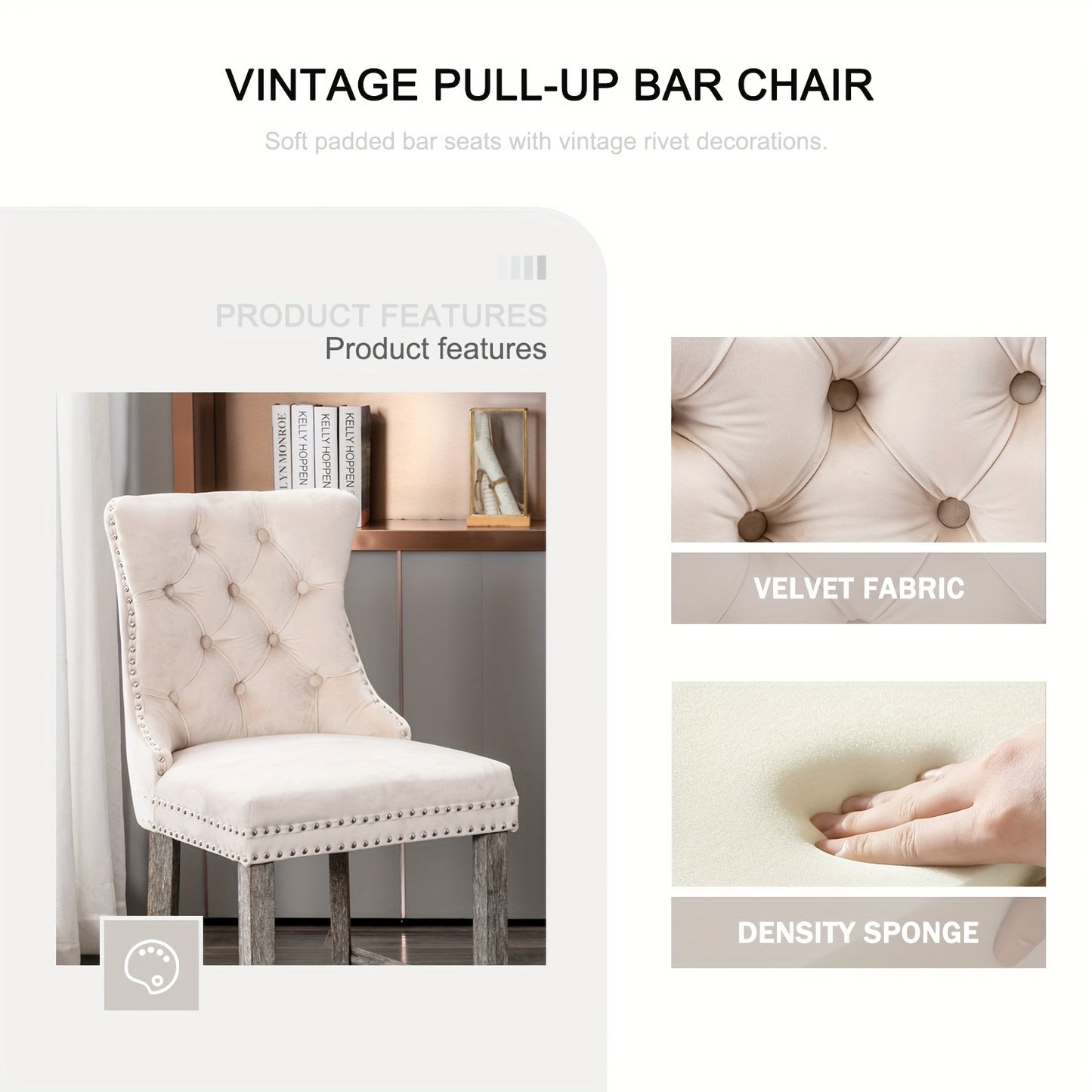 Nrizc Velvet Padded Bar Stools With Button Nailhead