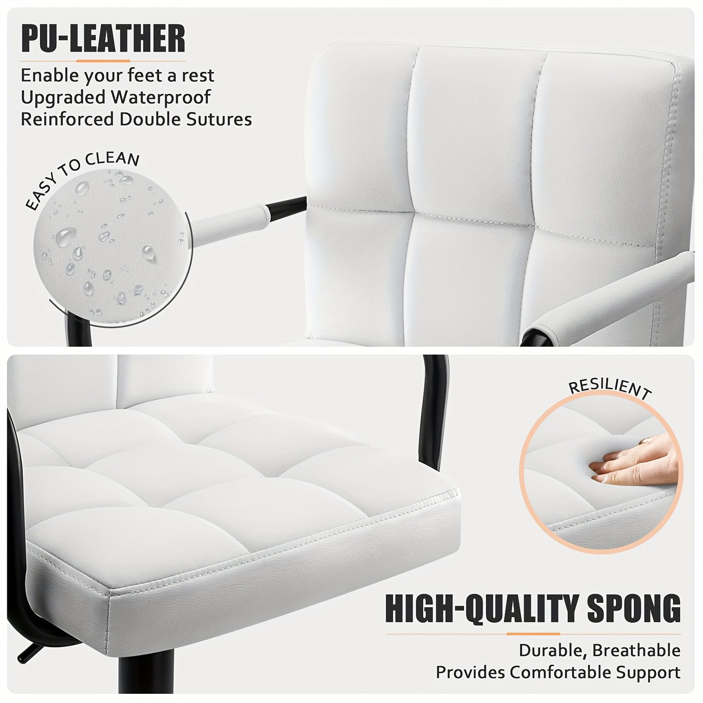 Bar Stools Set of 2 PU Leather Modern Swivel Bar Stools with Arms Adjustable Height Barstools for Kitchen Island White and Black Base