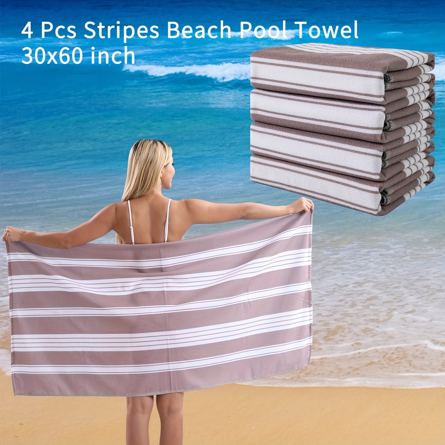 4 Piece Sand Free Stripe Beach Towel Set Quick Dry Pool Towel Swimming Bath Towel Ultra Soft Highly Absorbent Lightweight Towel For Adults Men Women Multi Purpose Towel Blanket For Bathroom Yoga Sports Travel Camping
