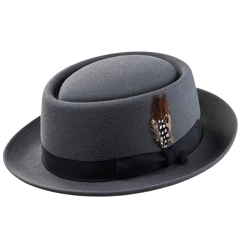 Adjustable Wool Pork Pie Hat with Blue Feather Accent