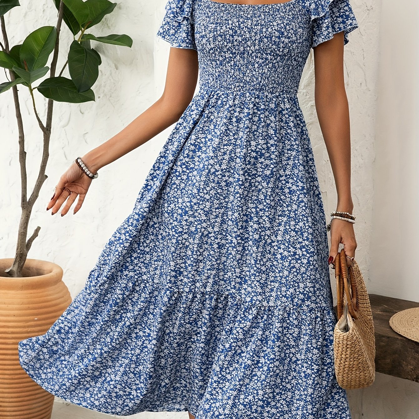 Elegant Floral Print Dress Polyester Ruffle Hem A-Line Dress
