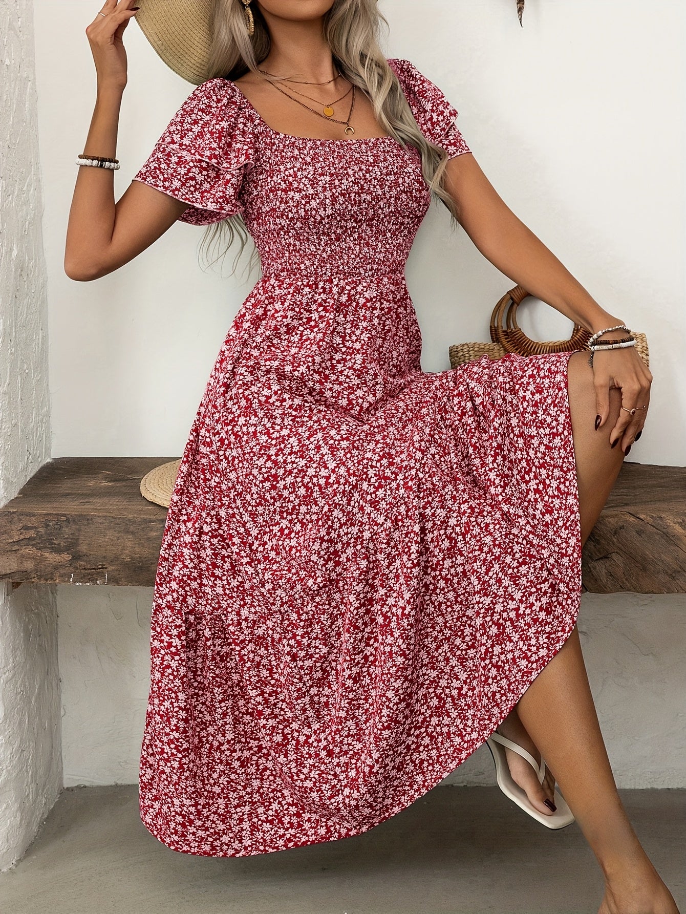 Elegant Floral Print Dress Polyester Ruffle Hem A-Line Dress