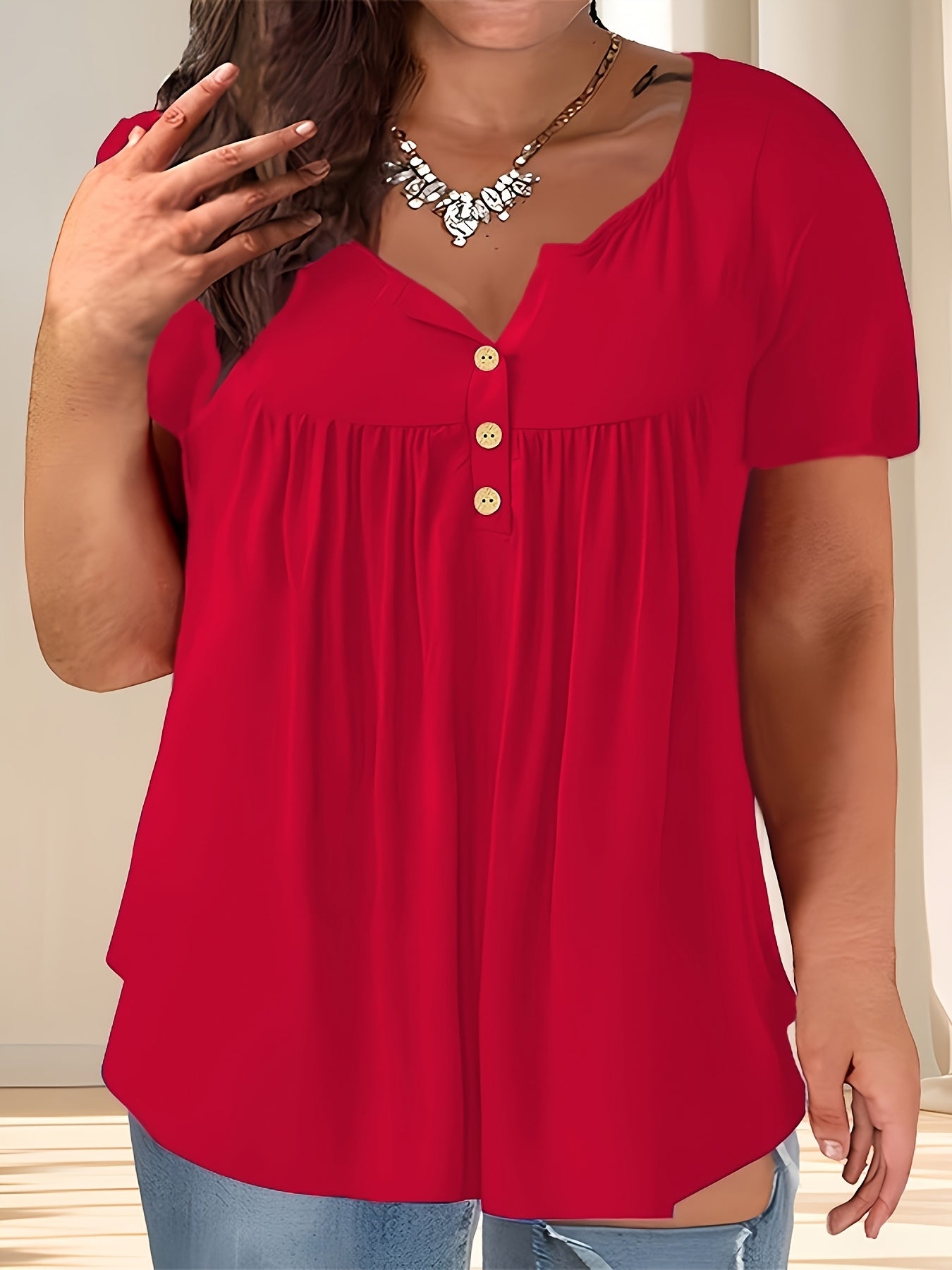 Navy Blue Plus Size T-Shirt Women’s Casual Buttoned Top
