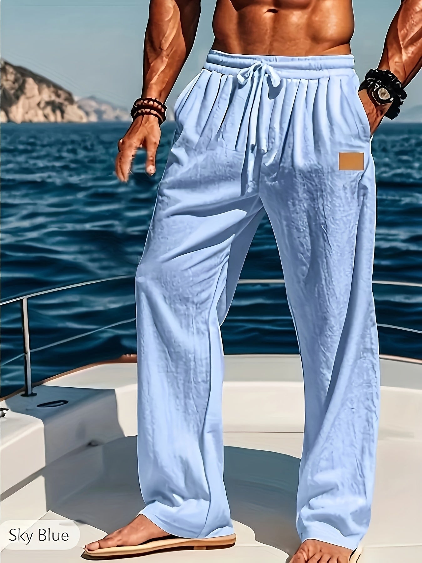 Men's Lightweight Cotton Beach Pants Quick Dry Loose Fit Casual Trousers with Adjustable Zipper Waistband Side Pockets Breathable Straight Leg Pants for Swimming Travel Everyday Summer Wear Machine Washable