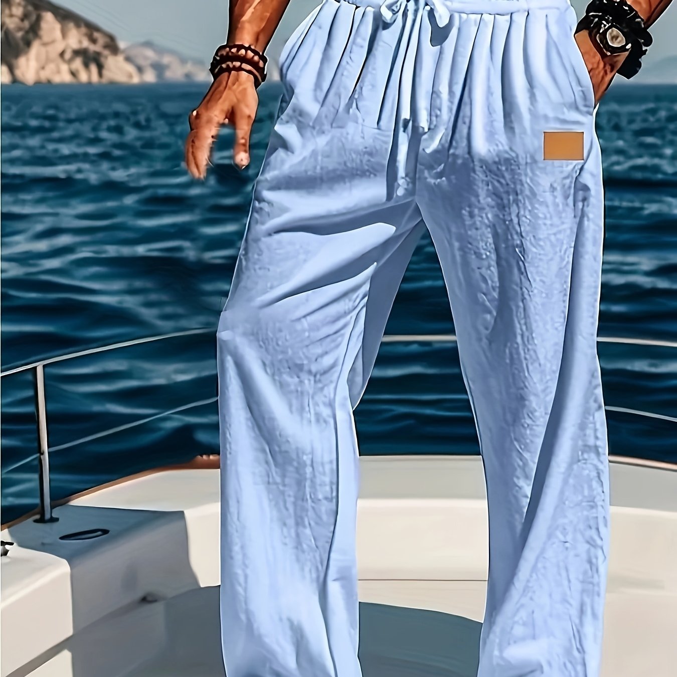 Men's Lightweight Cotton Beach Pants Quick Dry Loose Fit Casual Trousers with Adjustable Zipper Waistband Side Pockets Breathable Straight Leg Pants for Swimming Travel Everyday Summer Wear Machine Washable