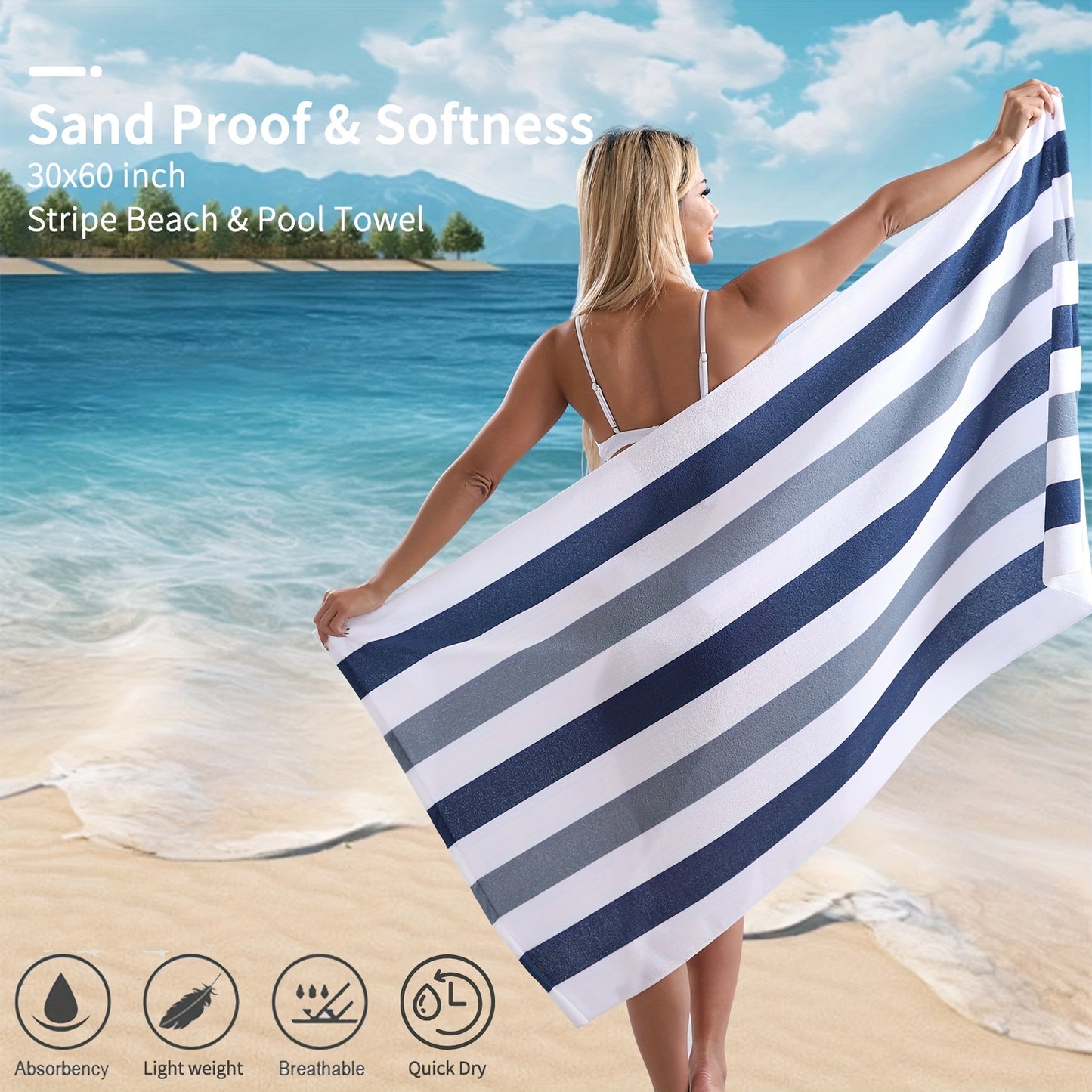 4 Piece Sand Free Stripe Beach Towel Set Quick Dry Pool Towel Swimming Bath Towel Ultra Soft Highly Absorbent Lightweight Towel For Adults Men Women Multi Purpose Towel Blanket For Bathroom Yoga Sports Travel Camping