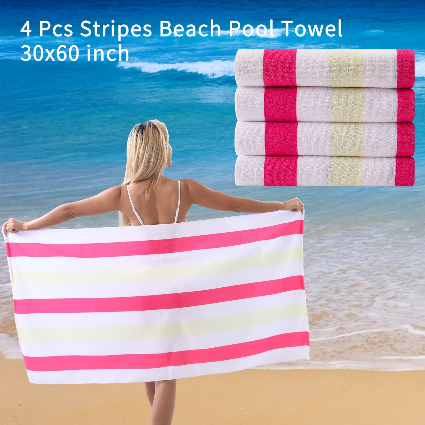 4 Piece Sand Free Stripe Beach Towel Set Quick Dry Pool Towel Swimming Bath Towel Ultra Soft Highly Absorbent Lightweight Towel For Adults Men Women Multi Purpose Towel Blanket For Bathroom Yoga Sports Travel Camping
