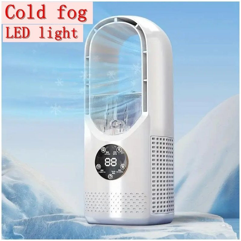 No Leaf Fan Efficient Spray Cooling Machine Three in One Office Desktop Fan USB Powered Air Cooler with Night Light Humidification Function 6 Wind Speeds Timing Function Home Dormitory Camping Mini Personal Air Conditioner