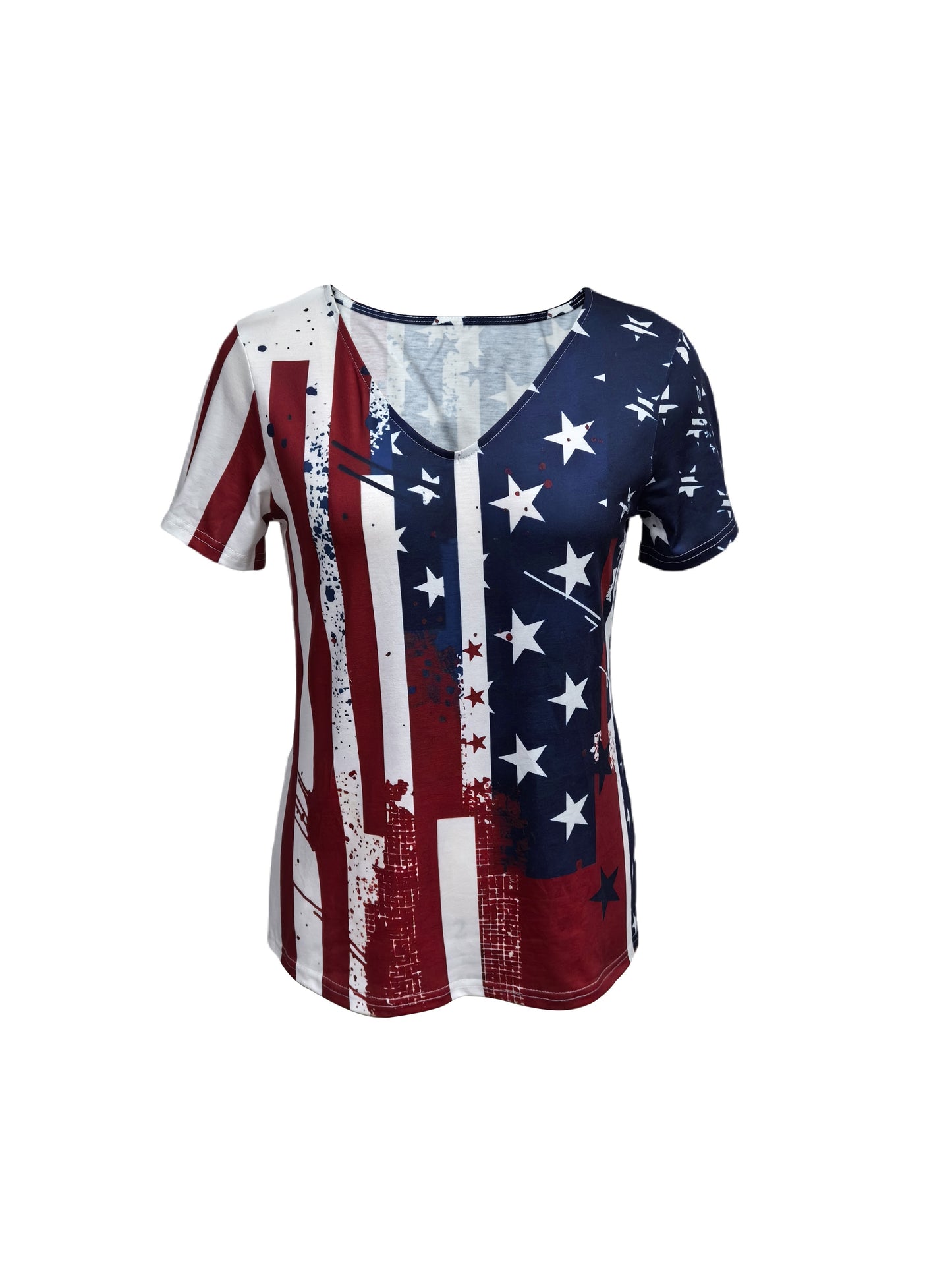 Vibrant American Flag Print V-Neck T-Shirt for Women