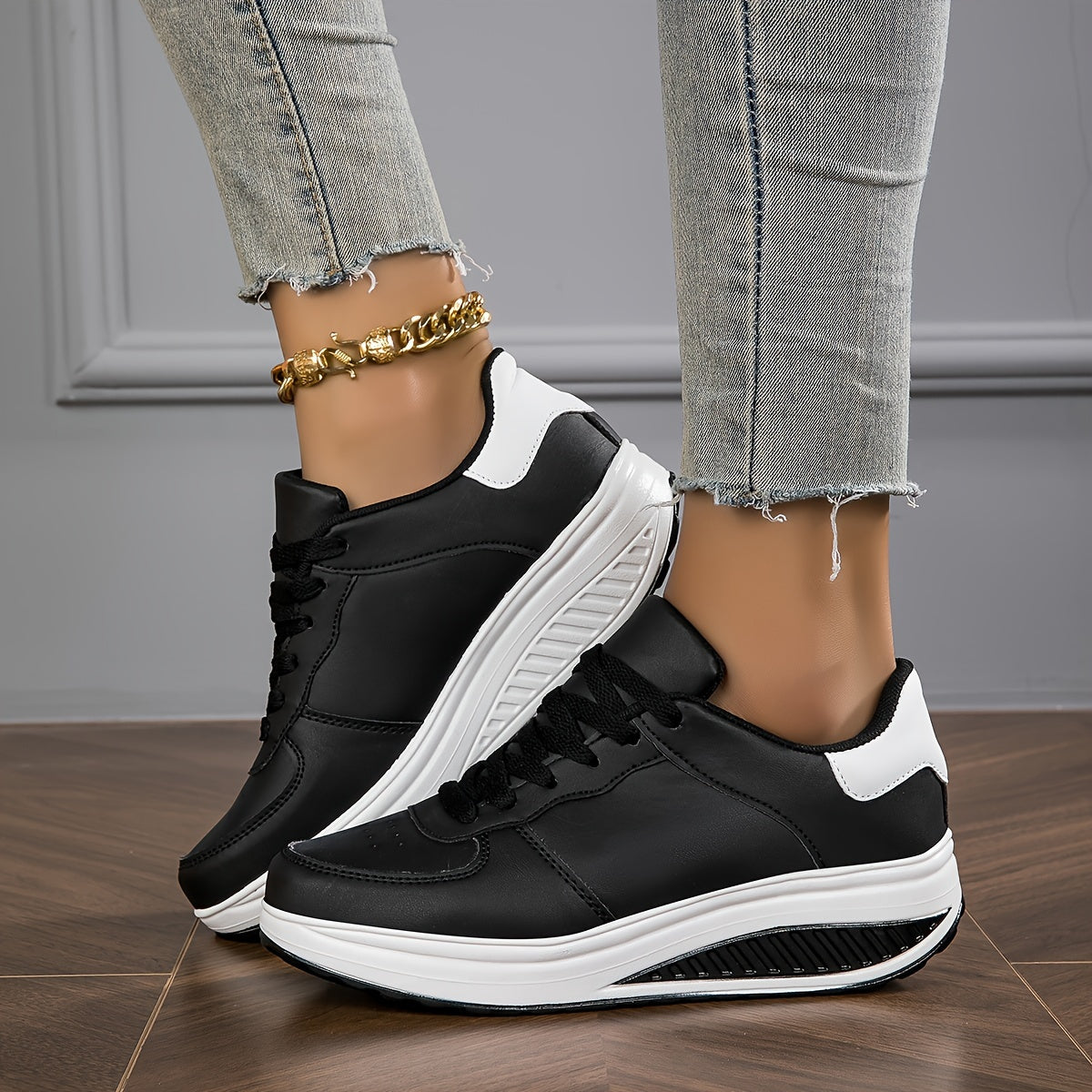 Women's Trendy Wedge Sneakers Comfortable Lace Up Height Increasing Sports Shoes All Match Outdoor Walking Shoes
