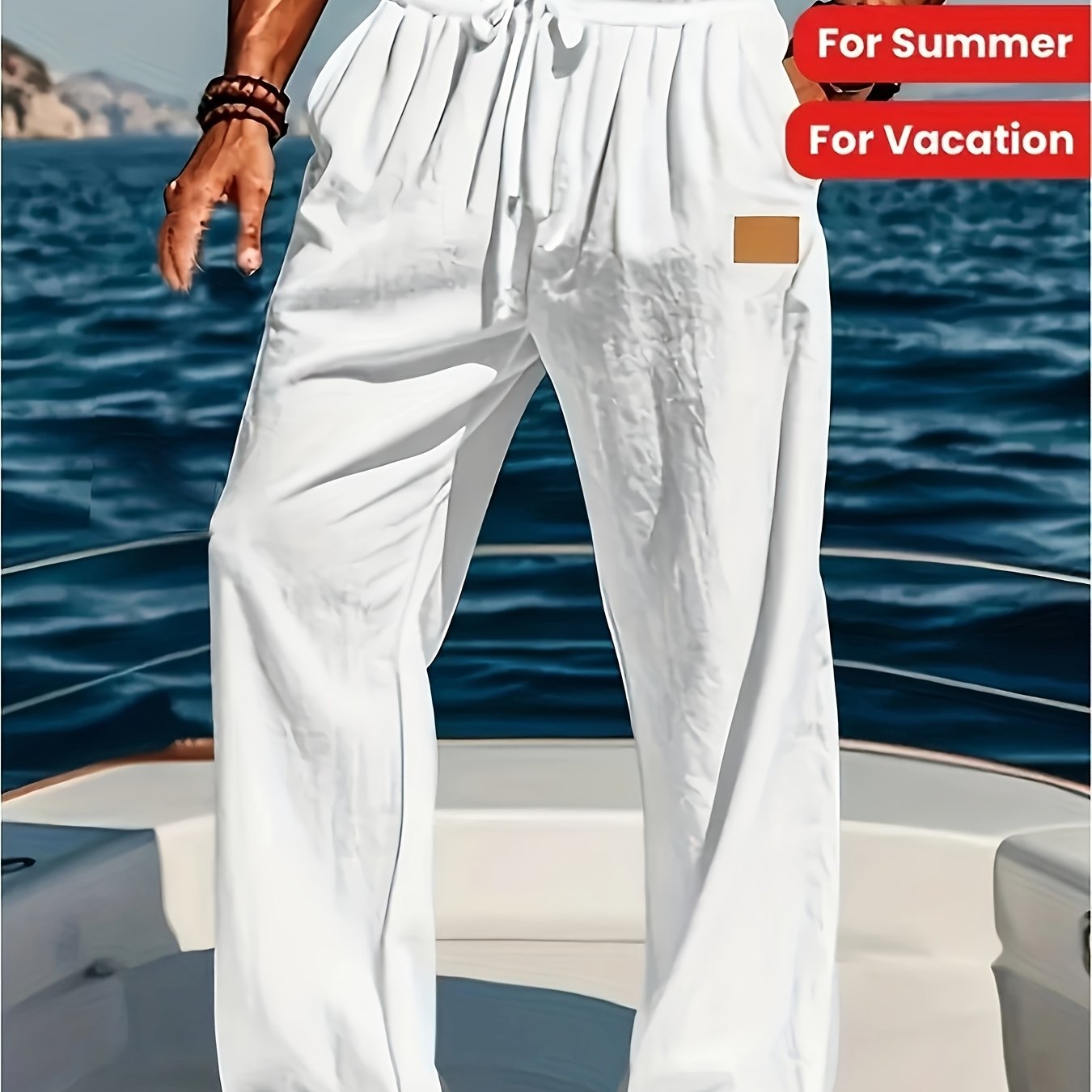 Men's Lightweight Cotton Beach Pants Quick Dry Loose Fit Casual Trousers with Adjustable Zipper Waistband Side Pockets Breathable Straight Leg Pants for Swimming Travel Everyday Summer Wear Machine Washable