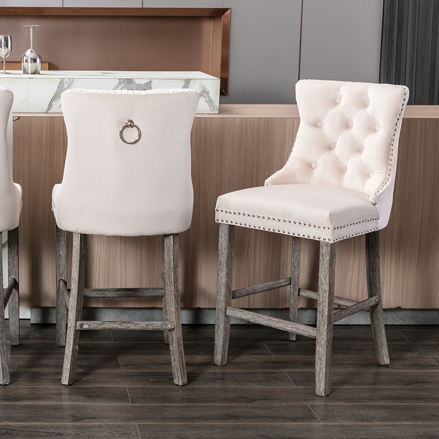 Nrizc Velvet Padded Bar Stools With Button Nailhead