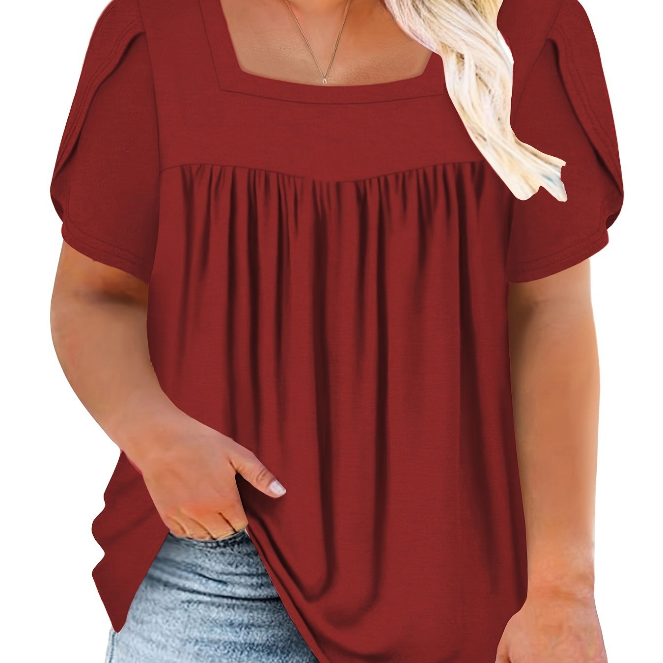 Plus Size Women's Petal Short Sleeve T Shirt - Square Neck, Flowy Pleated, Relaxed Fit