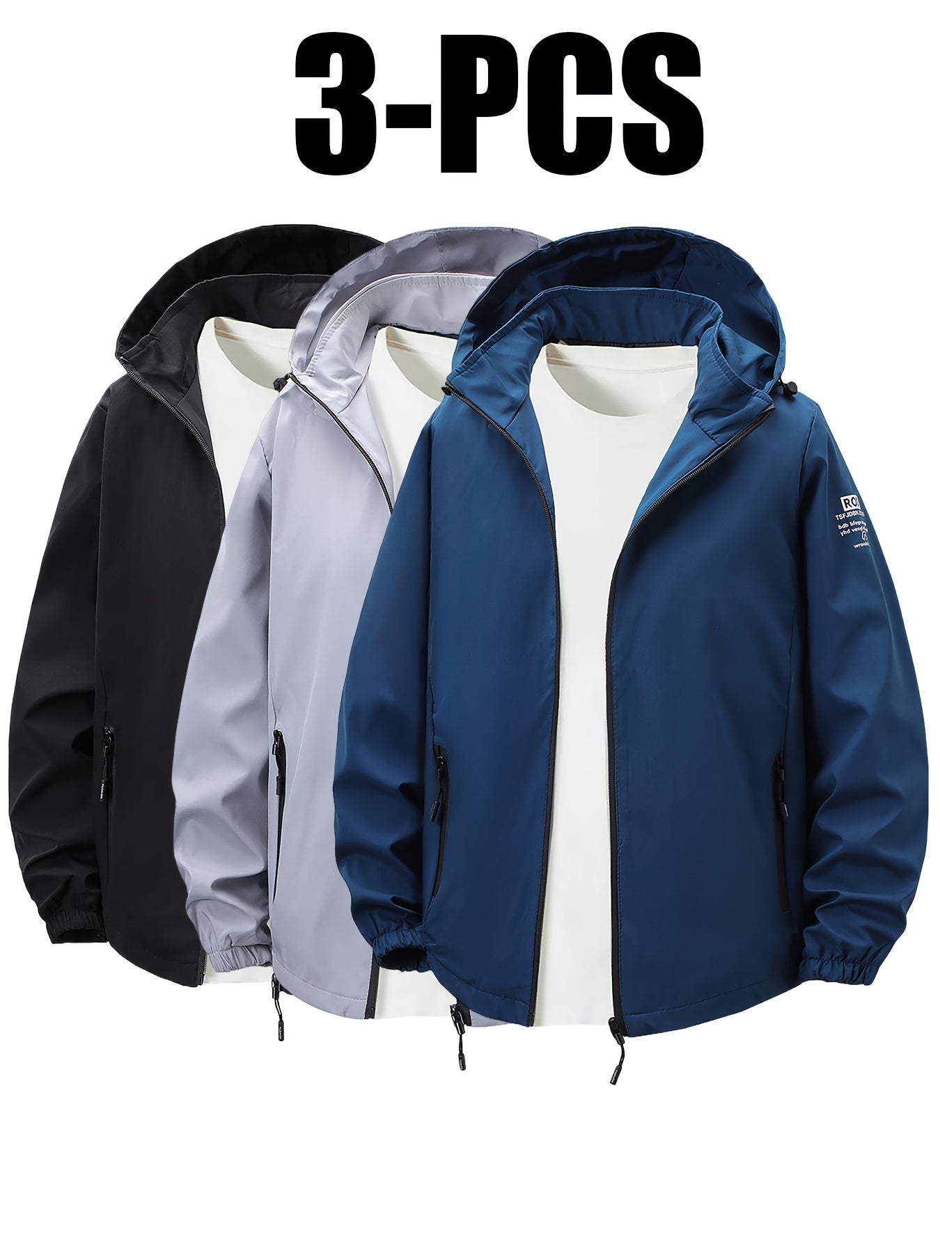 3pcs Men's Korean Style Casual Hooded Jackets Lightweight Polyester Zip Up Windbreaker with Pockets All Season Outdoor Hiking and Daily Wear Black Grey Navy Blue