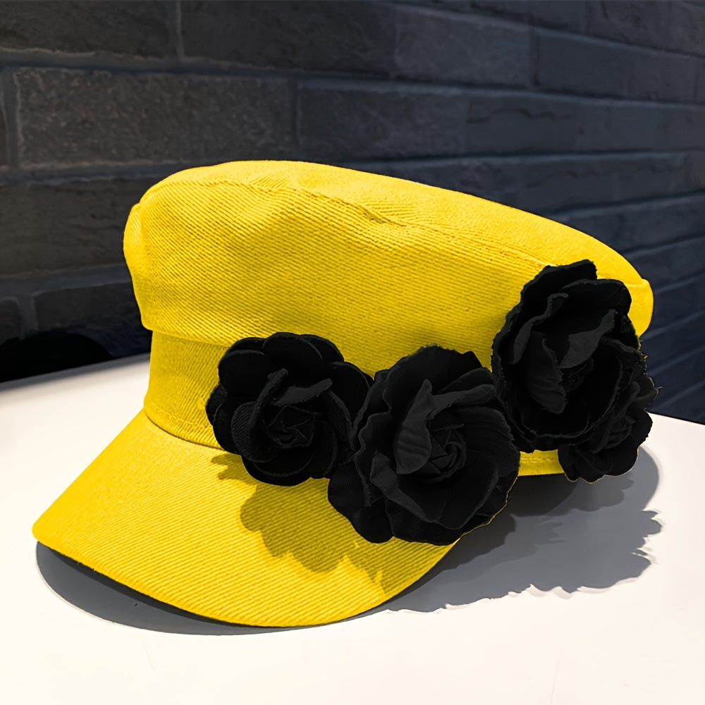 BODERI Women'S Denim Beret with Blue Roses - Lightweight, Elastic Fit for Outdoor Activities, Parties, and Casual Attire, Casual Headwear | Floral Embellished Beret | Texture Beret