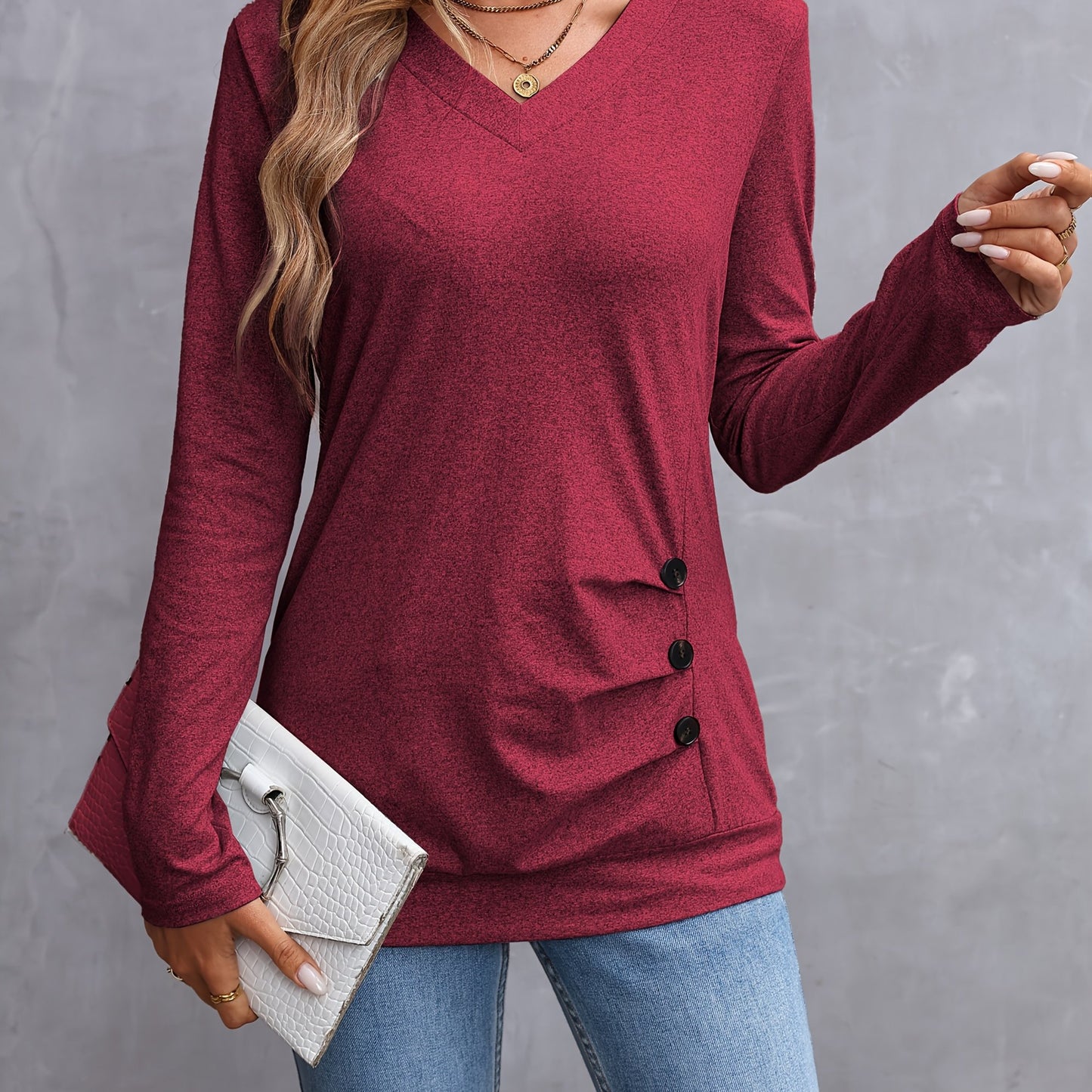 100% Polyester Elegant Long Sleeve V-Neck T-Shirt Solid Color Button Detail Regular Length