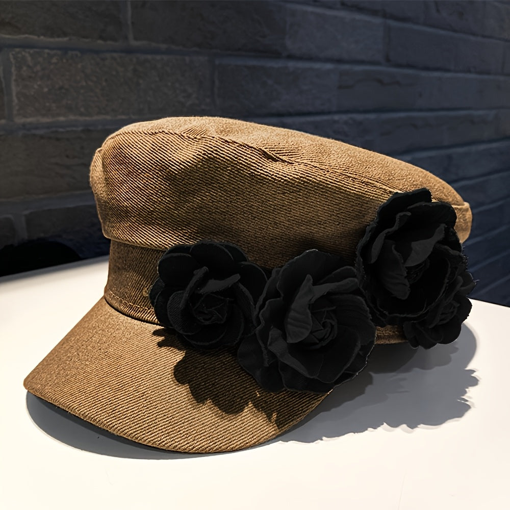 BODERI Women'S Denim Beret with Blue Roses - Lightweight, Elastic Fit for Outdoor Activities, Parties, and Casual Attire, Casual Headwear | Floral Embellished Beret | Texture Beret
