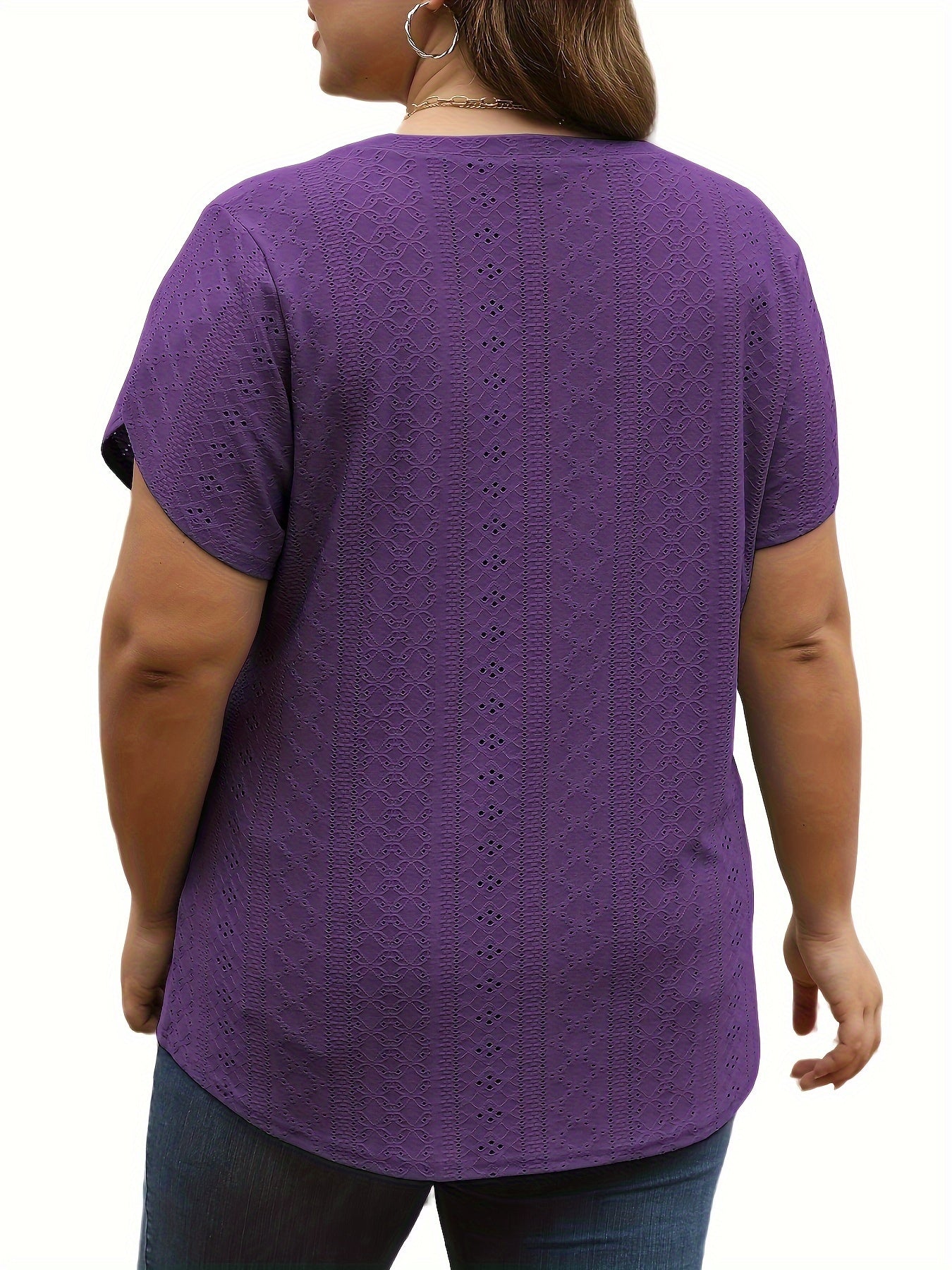 Women's Plus-Size Casual V-Neck Eyelet Petal Top Purple